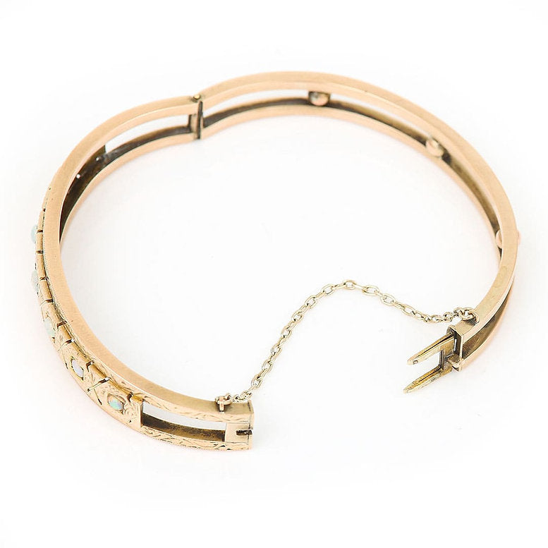Edwardian Antique Opal and Engraved Gold Bangle Bracelet