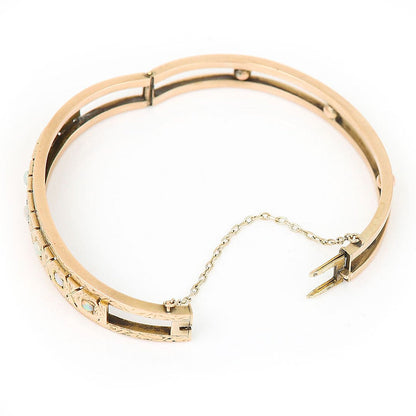 Edwardian Antique Opal and Engraved Gold Bangle Bracelet