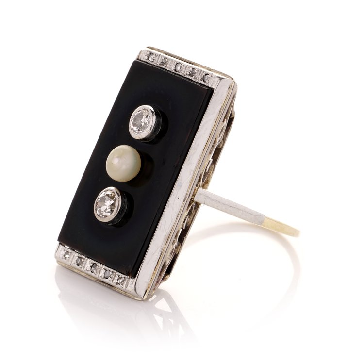 Art Deco Diamond and Pearl Three Stone Onyx Plaque Ring in Platinum and 14ct Gold