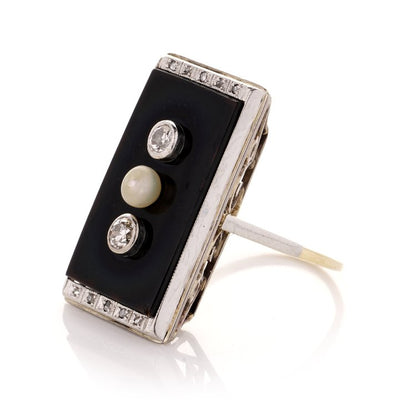 Art Deco Diamond and Pearl Three Stone Onyx Plaque Ring in Platinum and 14ct Gold