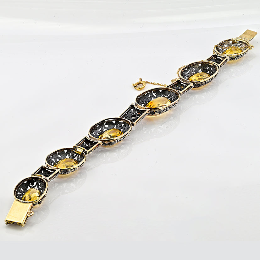 Edwardian Antique 25.45ct Natural Citrine Oval Panel Link Bracelet with Diamonds