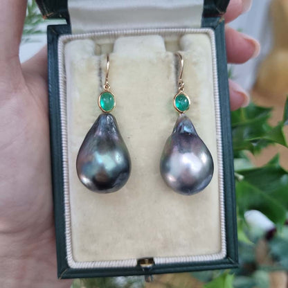 Grey Tahitian Pearl and Cabochon Emerald Drop Earrings