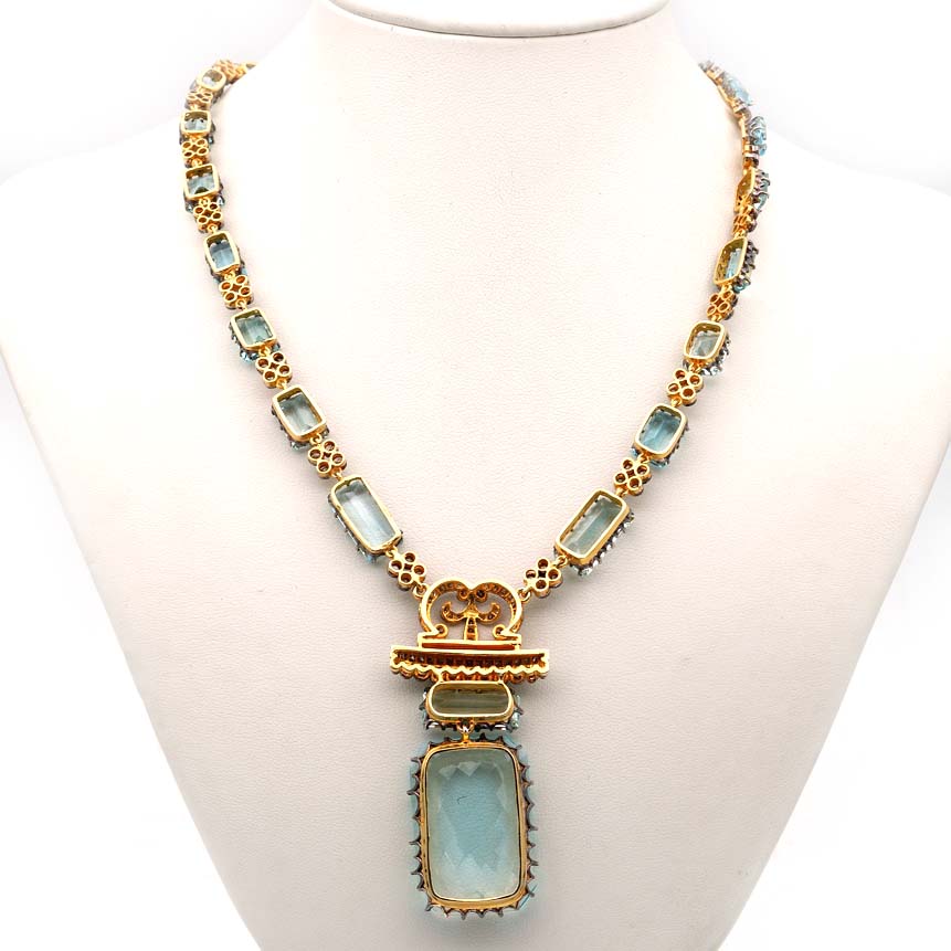 Vintage Retro 49cts Aquamarine and 4.25ct Diamond Necklace