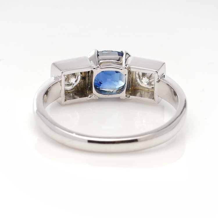 Vintage 0.85ct Sapphire and Diamond Three Stone Ring in Platinum