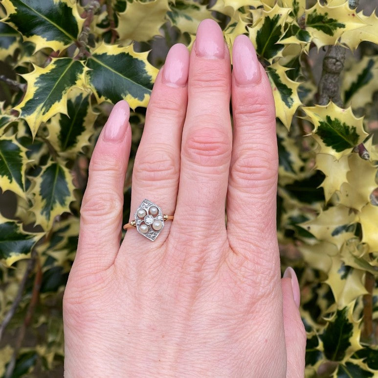 Edwardian Antique Old Cut Diamond and Pearl Cluster Plaque Ring