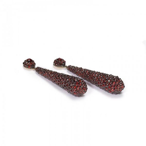 Antique Bohemian Garnet Drop Earrings; pavé set with rose-cut garnets. Circa 1890