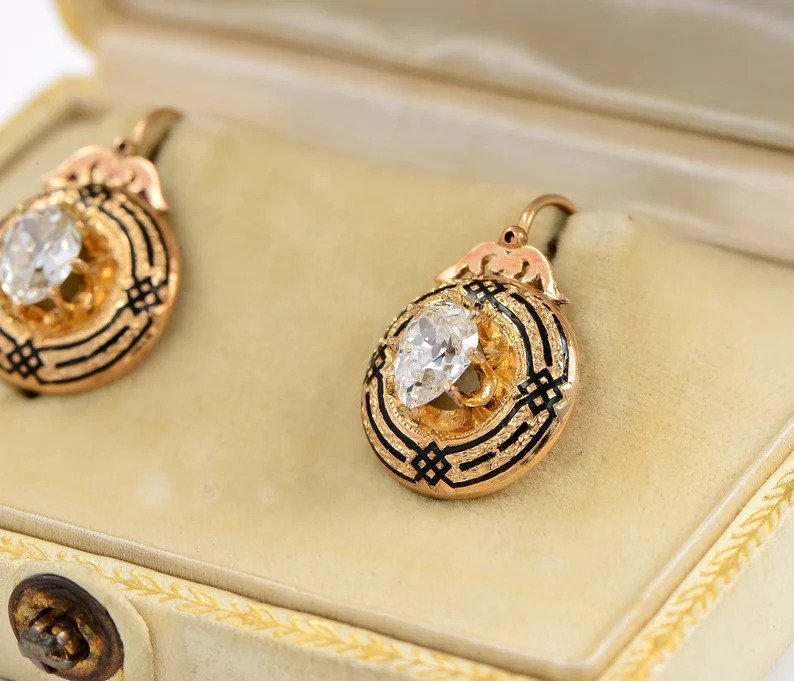 Antique Victorian 2.2ct Diamond Enamel and Gold Drop Earrings