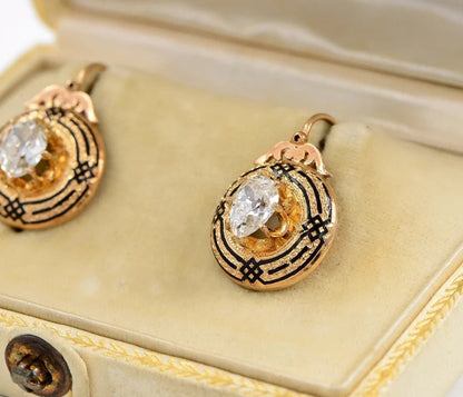 Antique Victorian 2.2ct Diamond Enamel and Gold Drop Earrings