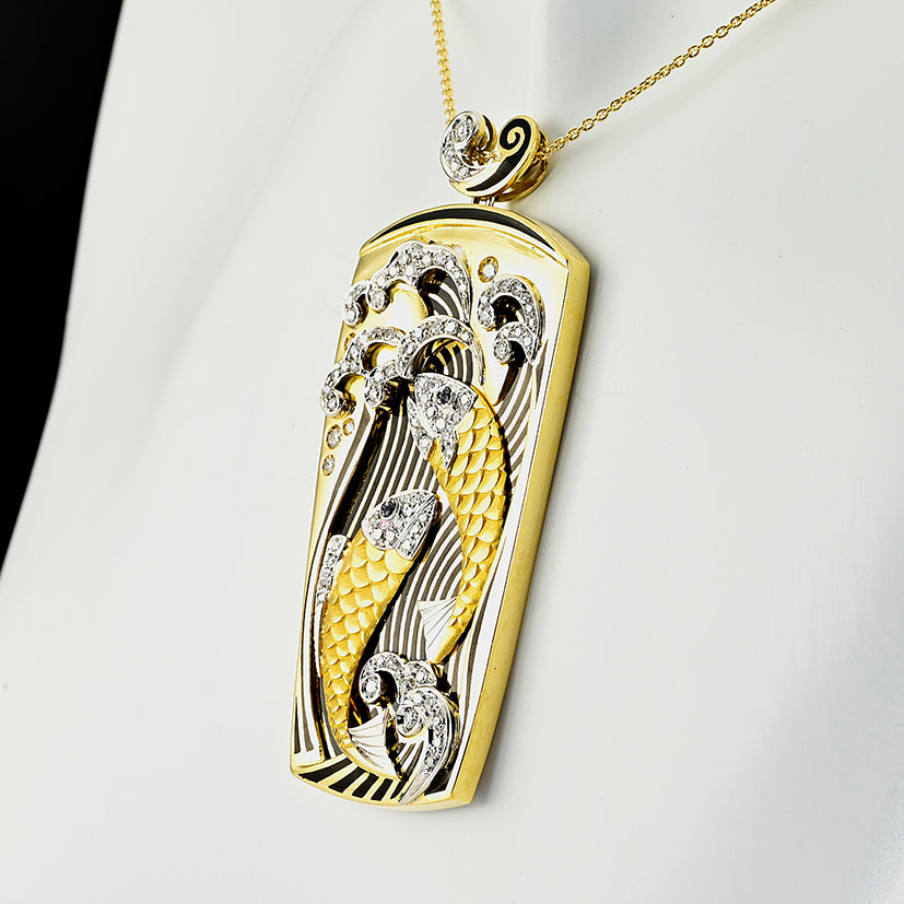 Vintage Estate 1970s Enamel and 2ct Diamond Koi Carp Fish Gold Pendant