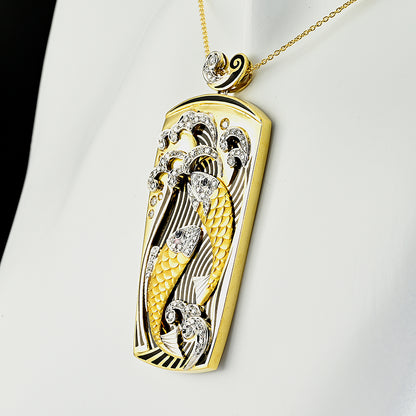 Vintage Estate 1970s Enamel and 2ct Diamond Koi Carp Fish Gold Pendant