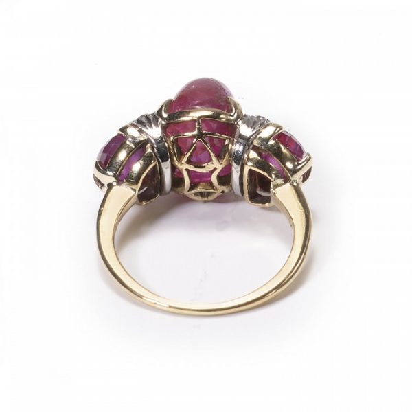 Vintage Cabochon Ruby and Diamond Three Stone Ring, Circa 1950s