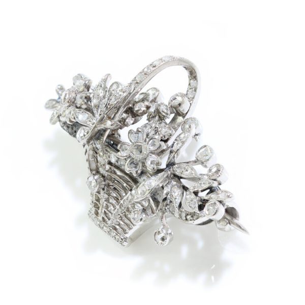 Art Deco Rose Cut Diamond Floral Basket Brooch in Platinum, 2 carat total
