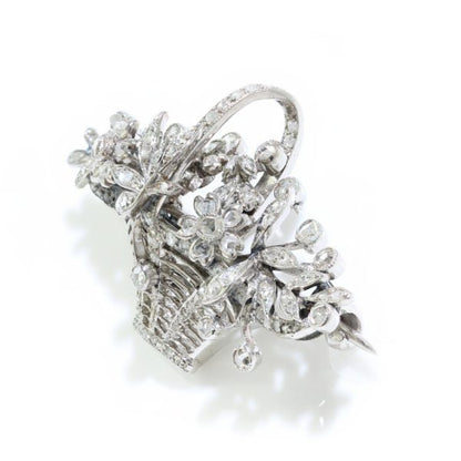 Art Deco Rose Cut Diamond Floral Basket Brooch in Platinum, 2 carat total