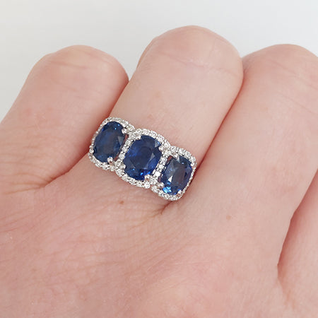 Oval Sapphire and Diamond Three Stone Cluster Dress Ring