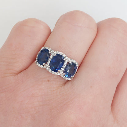 Oval Sapphire and Diamond Three Stone Cluster Dress Ring