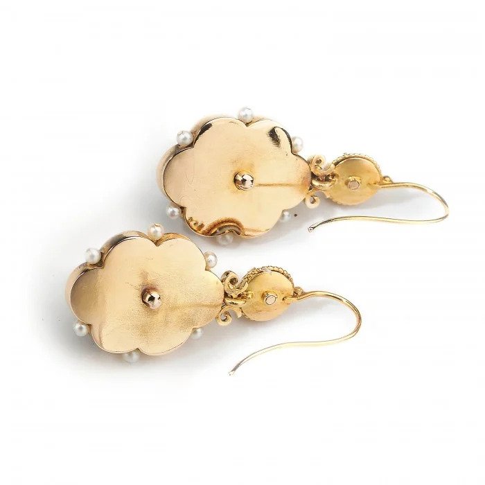 Antique Victorian Banded Agate Natural Pearl Diamond and Enamel Drop Earrings