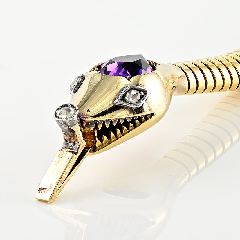 Vintage 1940s Retro Amethyst and Diamond Set 18ct Yellow Gold Snake Tubogas Bracelet