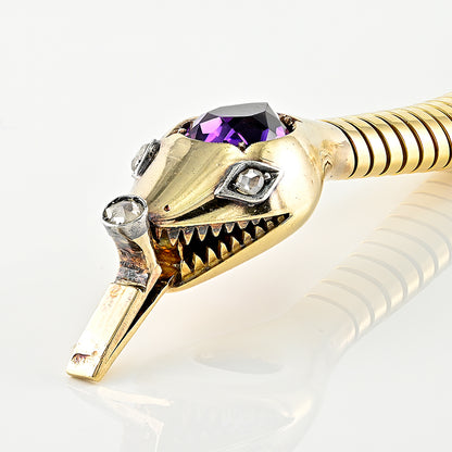 Vintage 1940s Retro Amethyst and Diamond Set 18ct Yellow Gold Snake Tubogas Bracelet