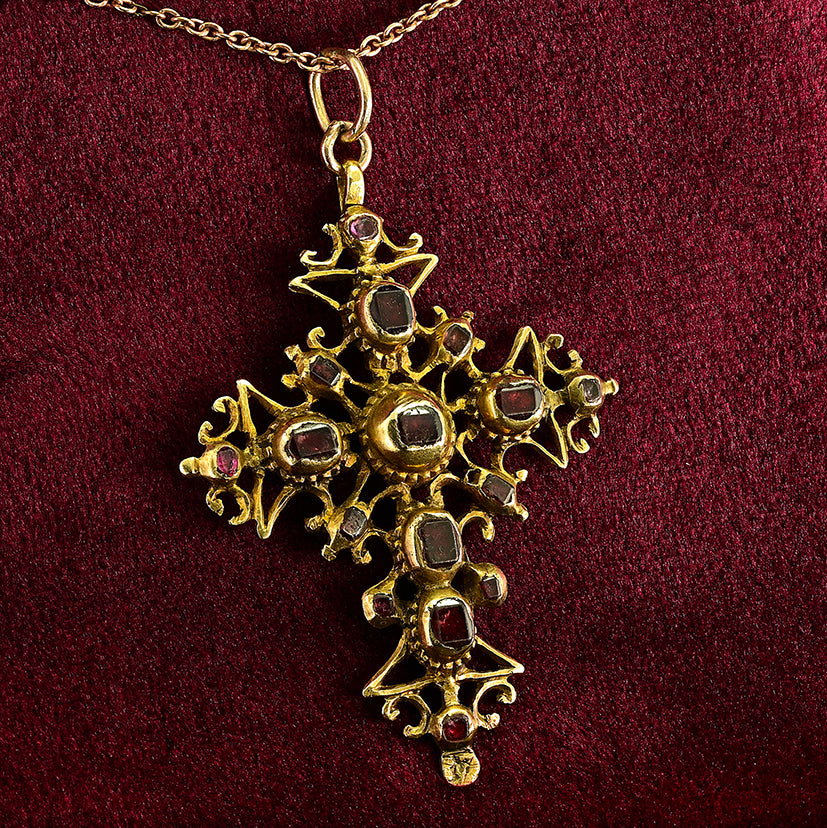 Georgian Antique Table Cut Garnet and Ruby Set 18ct Yellow Gold Cross Pendant, Mid 18th century Circa 1740