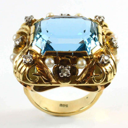 Vintage Retro 16ct Aquamarine Ring with Diamonds and Pearls