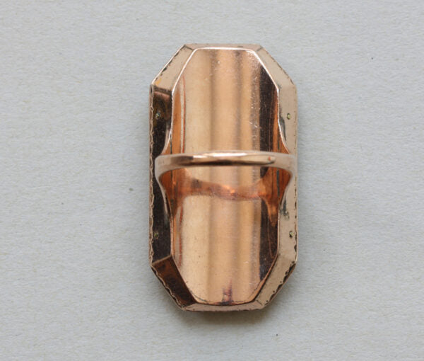 18th Century Antique Octagonal Rose Gold Mourning Ring; with large octagonal panel containing woven hair and bearing the initials JW in gold