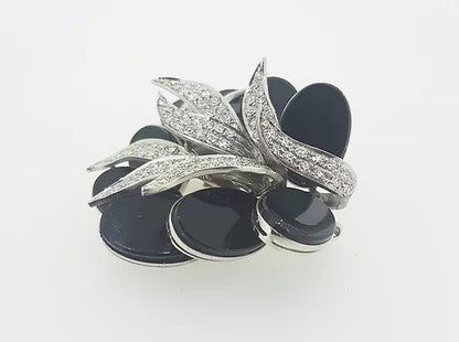 Onyx and Diamond Floral Brooch