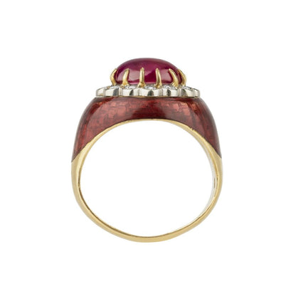 Retro 2.75ct Cabochon Ruby Diamond Red Enamel Ring in 18ct Yellow Gold