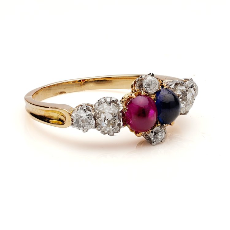 Antique Victorian Cabochon Ruby Sapphire and Old Cut Diamond Ring