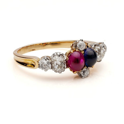 Antique Victorian Cabochon Ruby Sapphire and Old Cut Diamond Ring