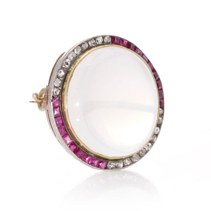Antique Edwardian Cabochon Moonstone Ruby and Rose Cut Diamond Cluster Brooch
