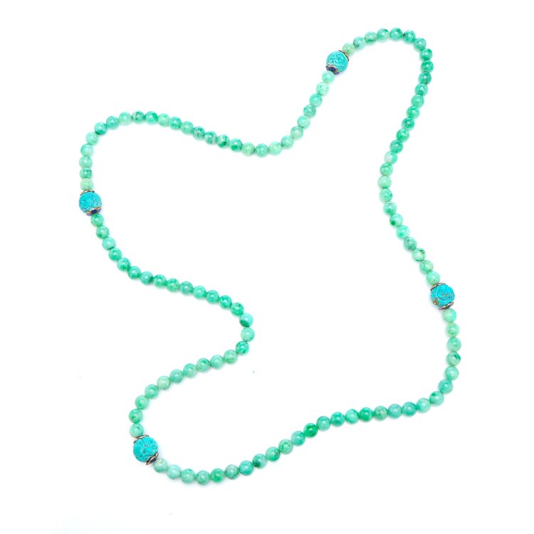 Antique 19th century Chinese Jade Bead Necklace with Four Carved Turquoise