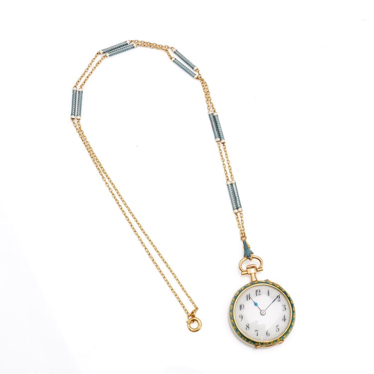 Vintage 1940s Gold and Guilloche Enamel Pendant Pocket Watch with Necklace