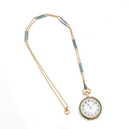 Vintage 1940s Gold and Guilloche Enamel Pendant Pocket Watch with Necklace