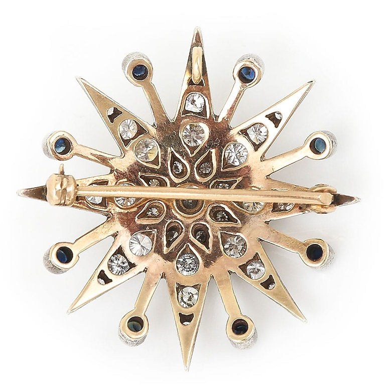 Vintage 1.80ct Diamond and Star Brooch come Pendant with 0.60cts Sapphires silver upon gold