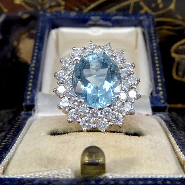 Vintage 4.30ct Oval Aquamarine and Diamond Double Cluster Ring in Platinum