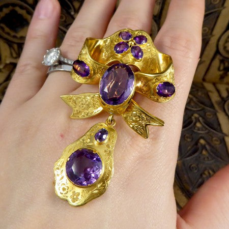 Antique Victorian Amethyst and 15ct Yellow Gold Bow Brooch with Drop