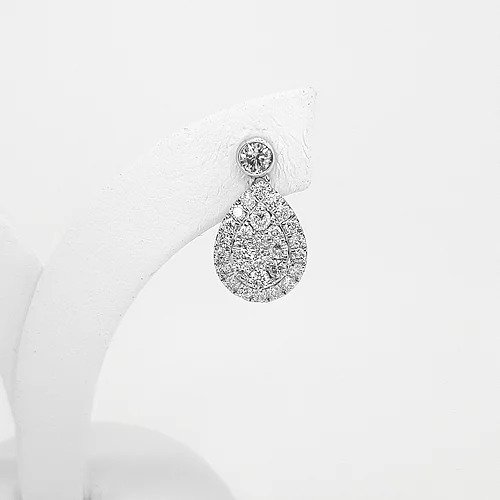 Pear Shaped Diamond Cluster Drop Earrings; brilliant cut diamonds arranged into pear-shaped clusters, suspended from round brilliant-cut diamond studs, 0.93 carat total, in 18ct white gold