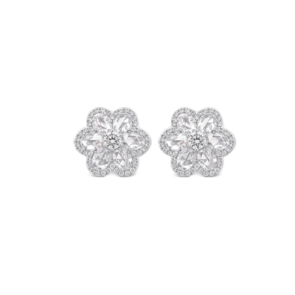 Rose Cut Diamond Blossom Floral Stud Earrings, 2.97 carats