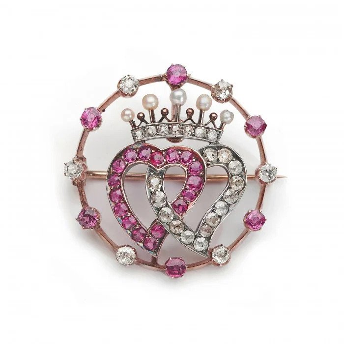 Antique Ruby Pearl Diamond Luckenbooth Double Heart Brooch; set with Burma rubies and old-cut diamonds, with a coronet of three natural seed pearls, American, Circa 1910