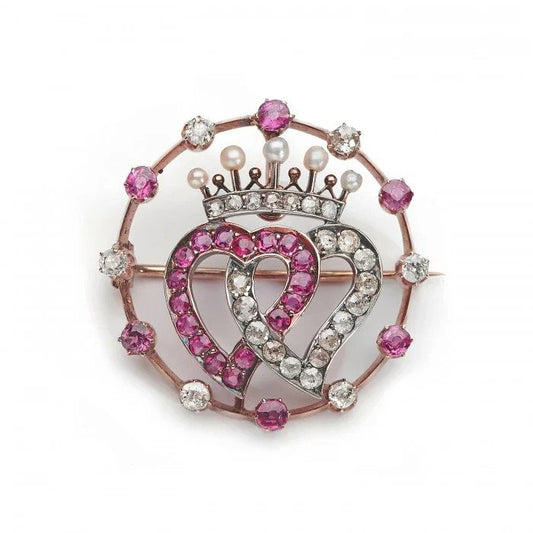 Antique Ruby Pearl Diamond Luckenbooth Double Heart Brooch; set with Burma rubies and old-cut diamonds, with a coronet of three natural seed pearls, American, Circa 1910