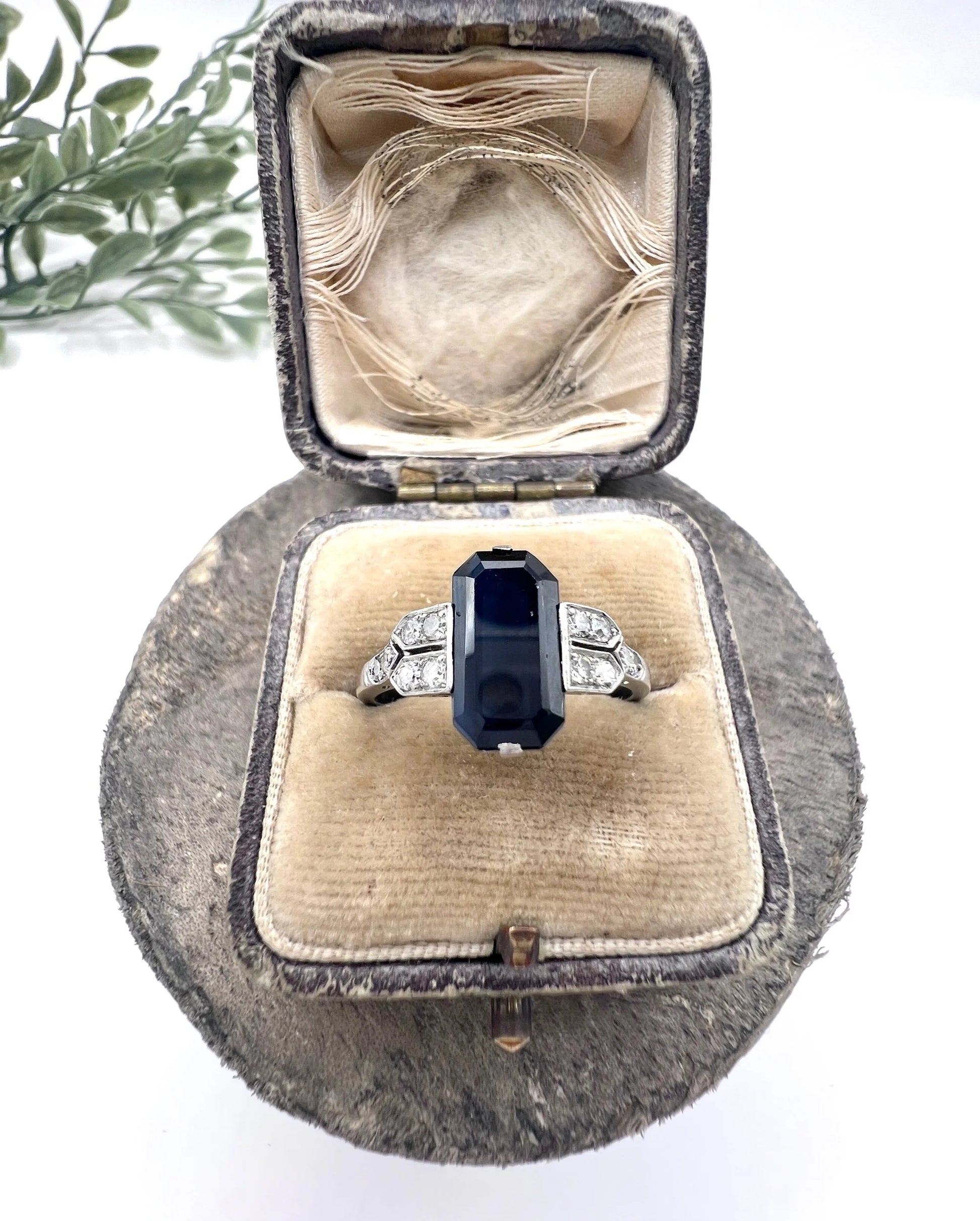 Antique Platinum, 1920s Original Art Deco Rectangular Sapphire & Diamond Ring