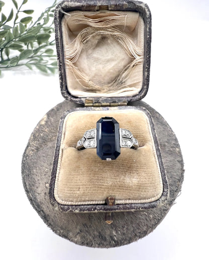 Antique Platinum, 1920s Original Art Deco Rectangular Sapphire & Diamond Ring