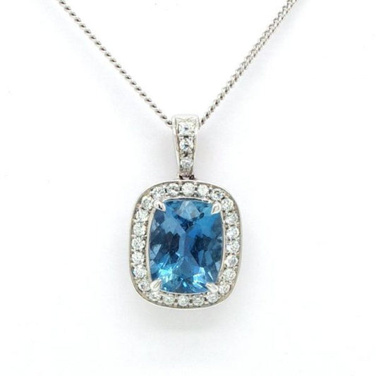 1.98ct Cushion Cut Aquamarine and Diamond Cluster Pendant; cushion-cut aquamarine with diamond surround, diamond set bale, 18ct white gold