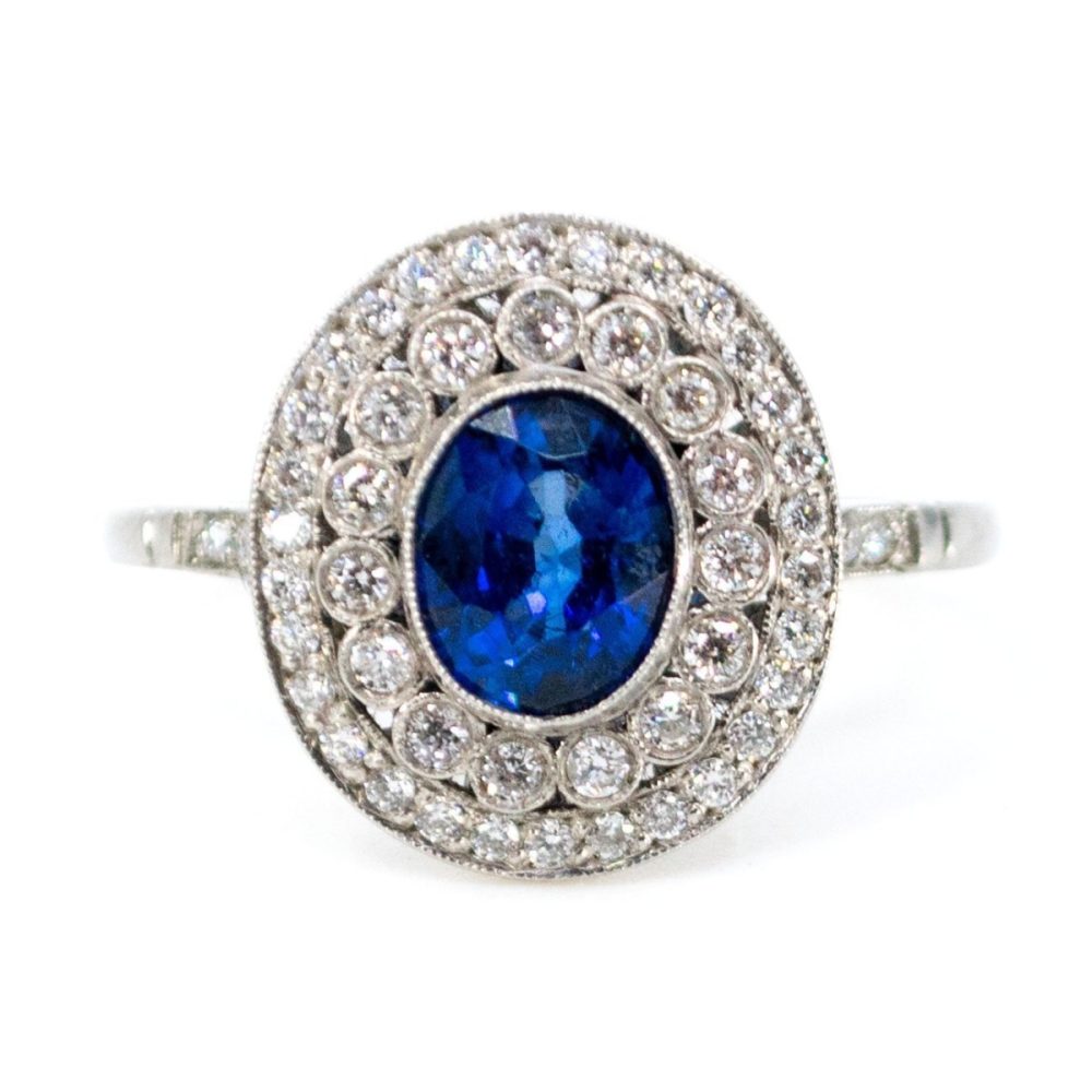 Vintage Sapphire and Diamond Cluster Ring, Platinum