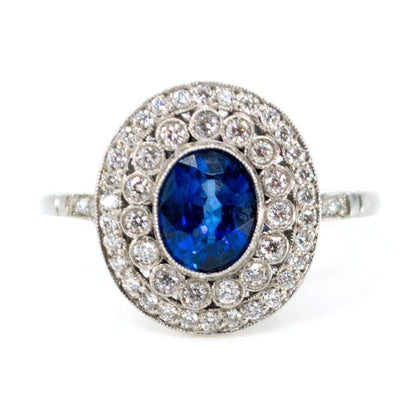 Vintage Sapphire and Diamond Cluster Ring, Platinum
