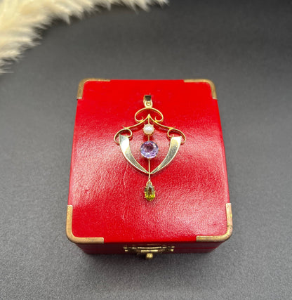 Antique 9ct Gold, Edwardian Amethyst, Pearl & Peridot Suffragette Pendant