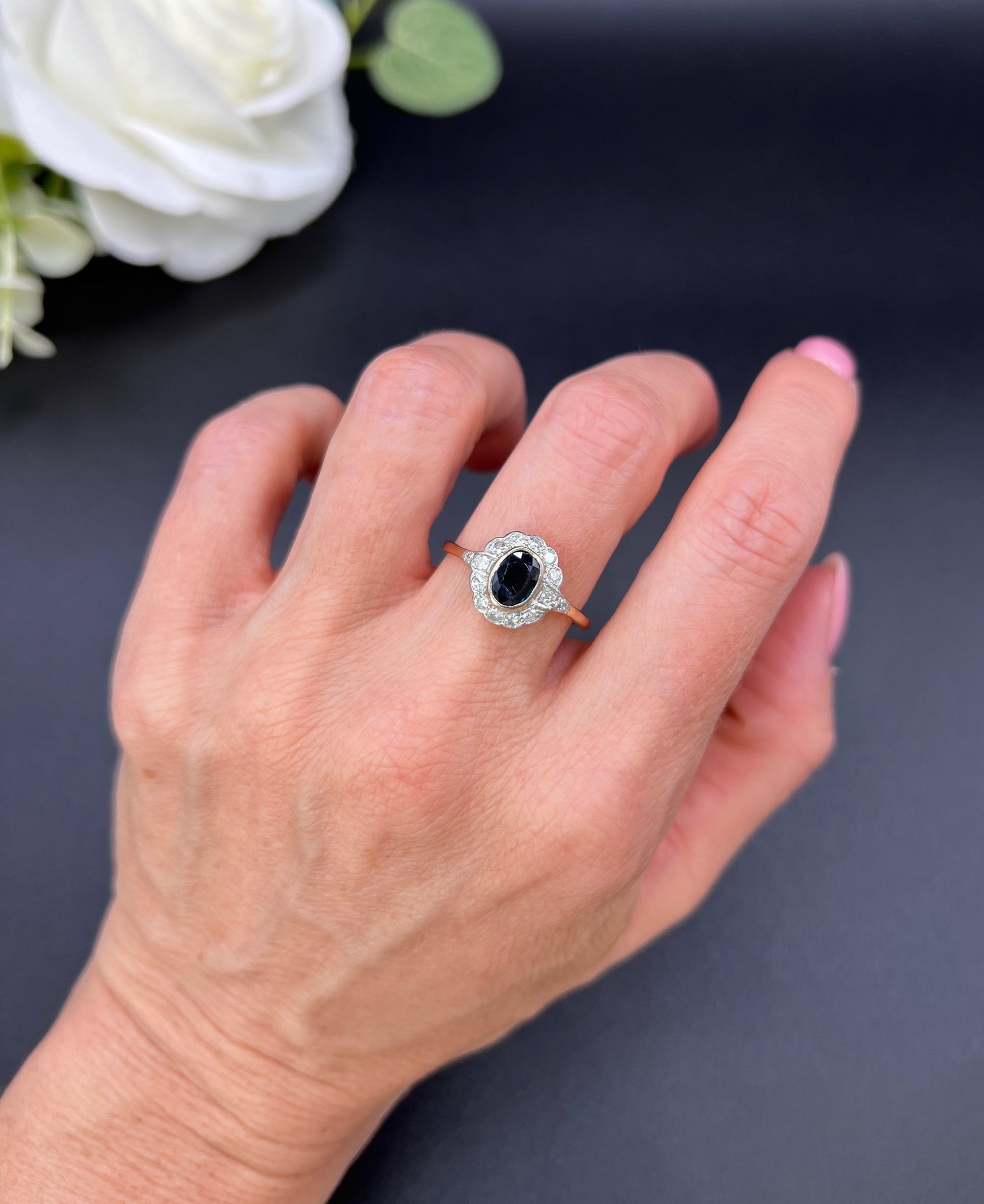 Antique 18ct Gold & Platinum, 1920s Sapphire and Diamond Oval Cluster Ring