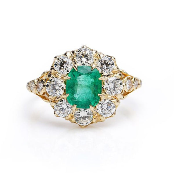 Antique 0.85ct Oval Emerald and Old Cut Diamond Cluster Ring 18ct Yellow Gold