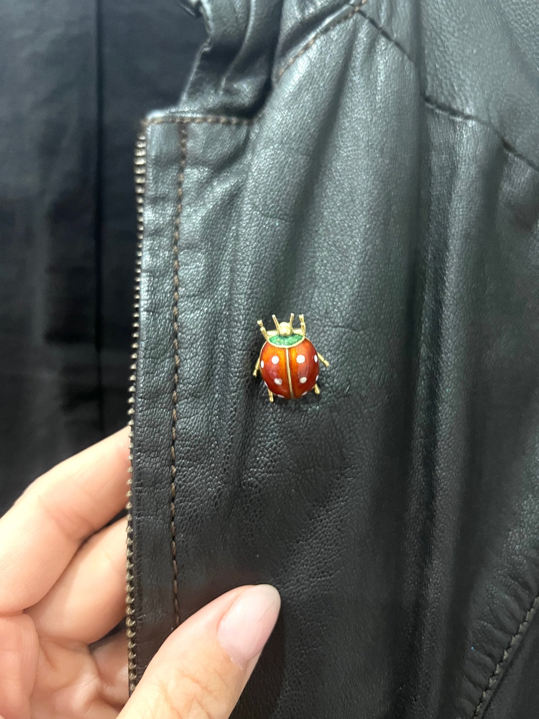 A yellow gold and enamel ladybird brooch, modelled on a black jacket