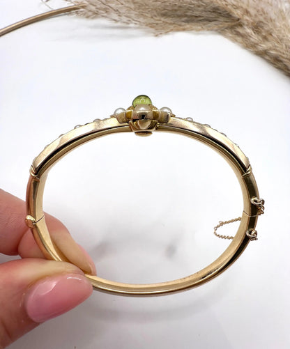Antique 15 Carat Gold Peridot, Amethyst and Pearl Suffragette Bangle, Circa 1910